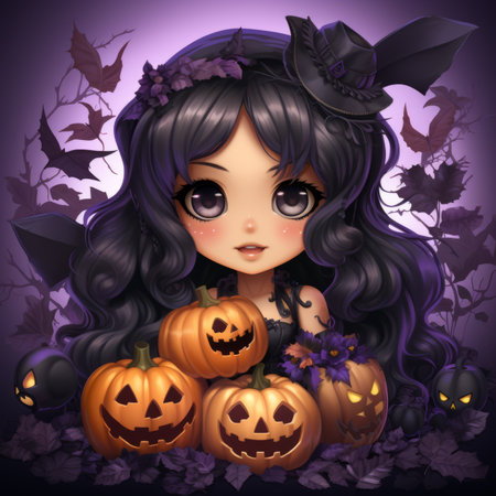an illustration of a girl with long black hair and black eyes surrounded by pumpkinsの素材