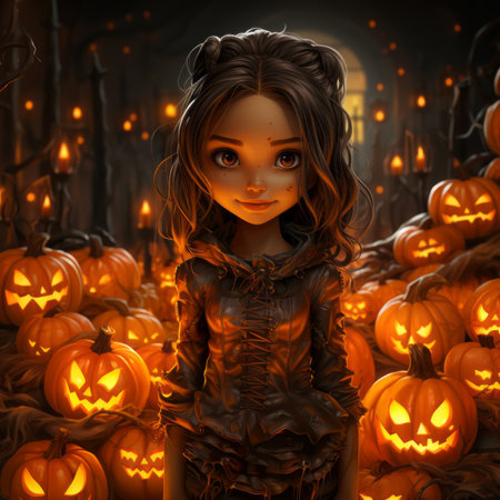 an illustration of a girl surrounded by pumpkinsの素材