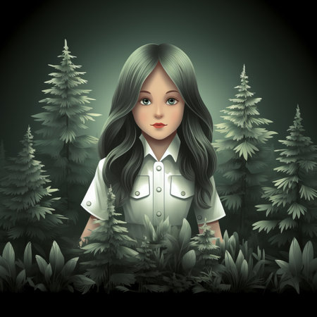 an illustration of a girl with long hair in the woodsの素材