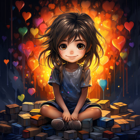 an illustration of a little girl sitting on a pile of blocks surrounded by heartsの素材