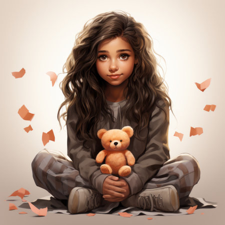 an illustration of a little girl holding a teddy bearの素材