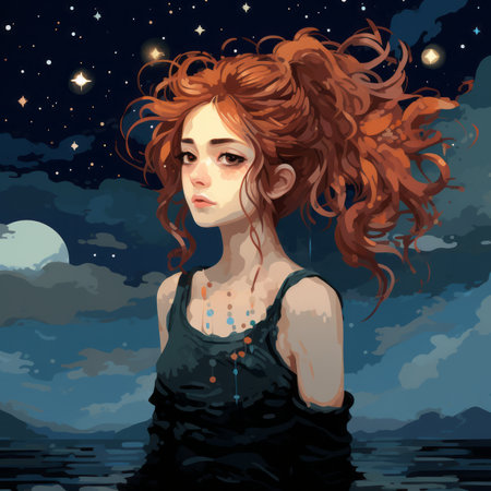an illustration of a girl with red hair standing in front of the moon and starsの素材