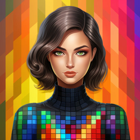 an illustration of a woman with green eyes on a colorful backgroundの素材