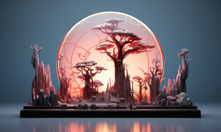 a 3d rendering of a forest with trees and a sun in the backgroundの素材
