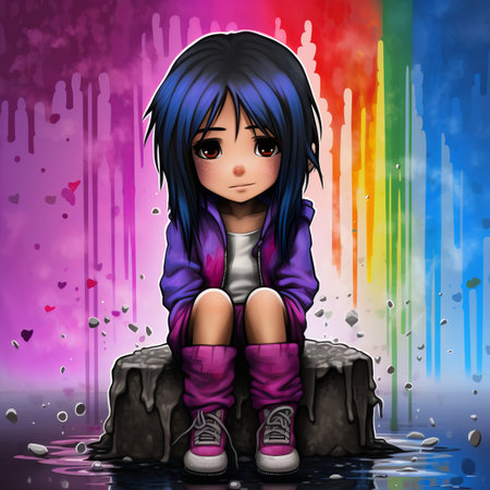 a cartoon girl sitting on a rock in front of a rainbow backgroundの素材