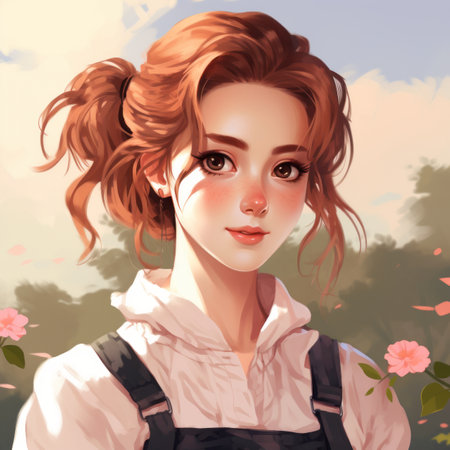 a girl with red hair and a ponytail is standing in front of pink flowersの素材