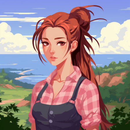 a girl with long hair and a plaid shirt standing in front of the oceanの素材