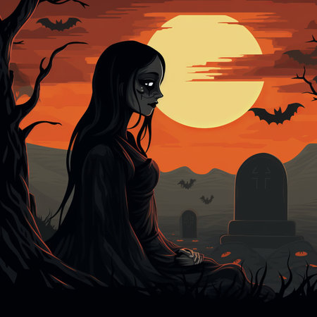 a halloween illustration of a woman sitting in the cemetery at nightの素材