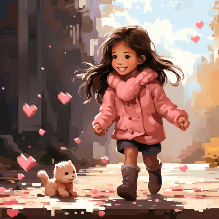 a painting of a little girl in a pink coat walking with a teddy bearの素材