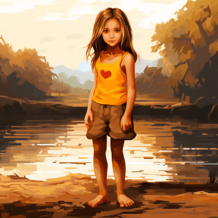 a painting of a little girl standing by a riverの素材
