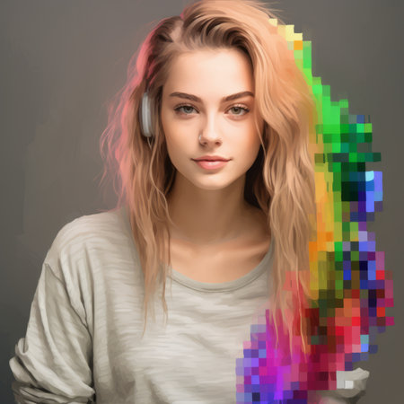 a woman with colorful hair and headphones in front of a gray backgroundの素材