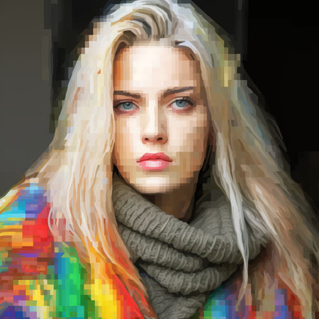 a woman with long blonde hair wearing a colorful scarfの素材