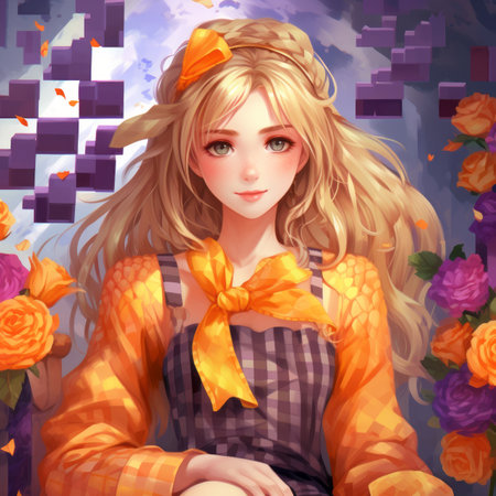 an anime girl with long blonde hair sitting in front of a bunch of flowersの素材