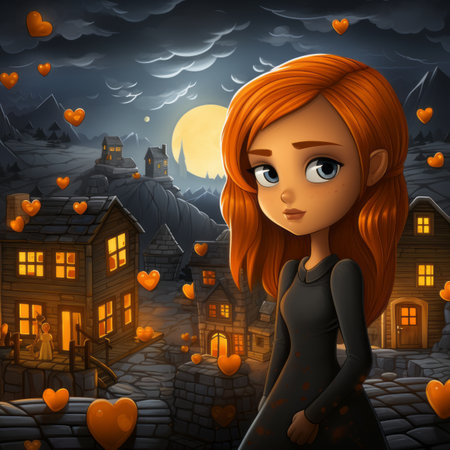 an illustration of a girl standing in front of a town with hearts falling from the skyの素材