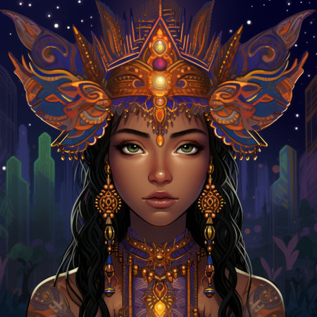 an illustration of a beautiful woman wearing an elaborate headdressの素材