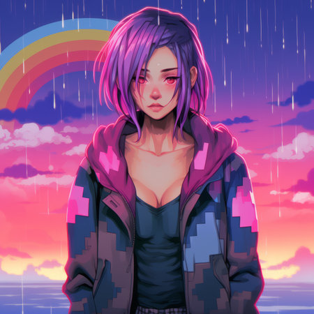 an anime girl with purple hair standing in front of a rainbowの素材