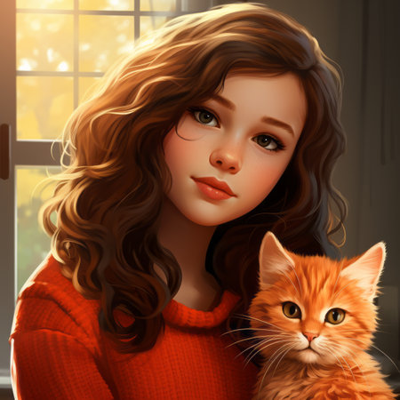 an illustration of a girl holding a cat in front of a windowの素材