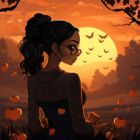 an illustration of a girl with glasses sitting in a field at sunsetの素材