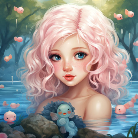 an illustration of a girl with pink hair in the waterの素材