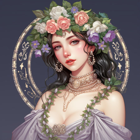 an illustration of a woman with flowers in her hairの素材