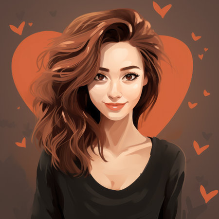 an illustration of a woman with brown hair and hearts around herの素材