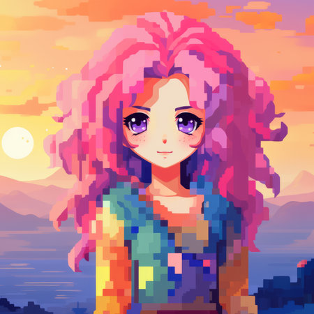 pixel art of a girl with pink hair standing in front of a mountainの素材