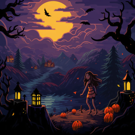 illustration of halloween night with girl and pumpkinsの素材