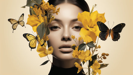 a woman with yellow flowers and butterflies on her faceの素材