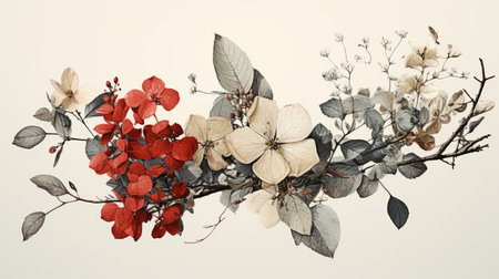 a painting of red and white flowers on a branchの素材
