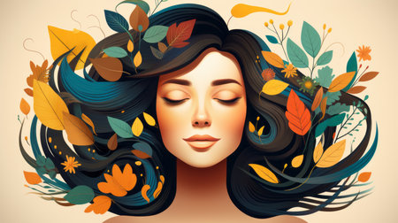 a woman with her eyes closed surrounded by autumn leavesの素材