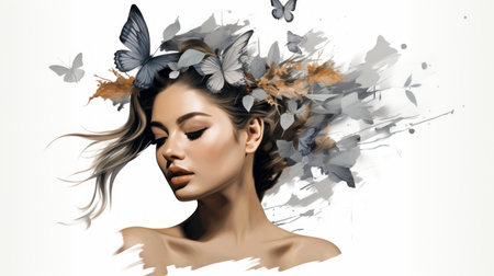 a woman with butterflies on her headの素材
