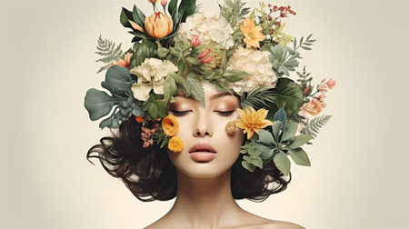 a woman with flowers on her headの素材