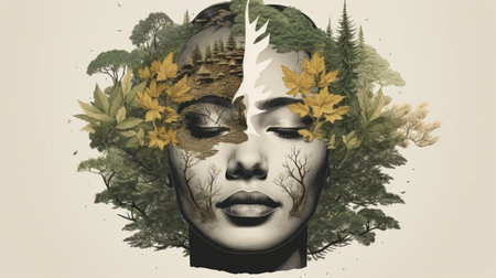 a womans face is surrounded by trees and leavesの素材