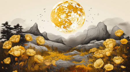 a painting of yellow flowers and a full moon in the skyの素材