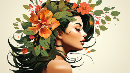 a woman with flowers in her hairの素材