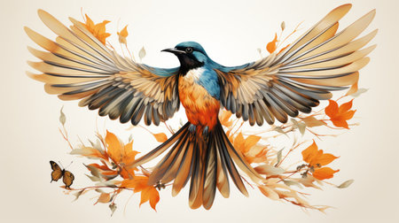 an illustration of a colorful bird with its wings spreadの素材