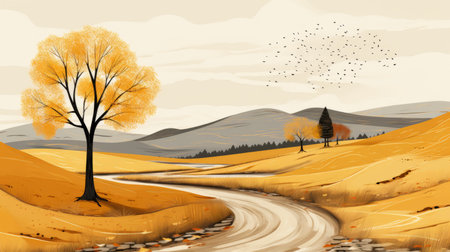 an illustration of an autumn landscape with a road and treesの素材