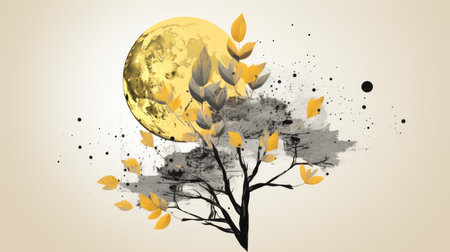 an illustration of a tree with yellow leaves and a full moonの素材