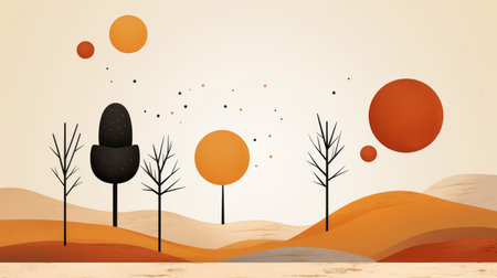 an illustration of trees and hills with orange and black circlesの素材