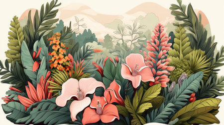an illustration of tropical plants and flowersの素材