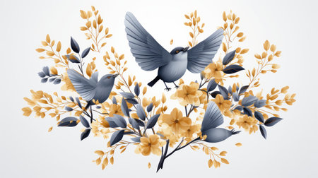 flowers and birds on white backgroundの素材