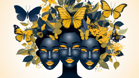 three black women with butterflies on their headsの素材
