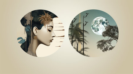 two images of a woman and a moon with trees in the backgroundの素材
