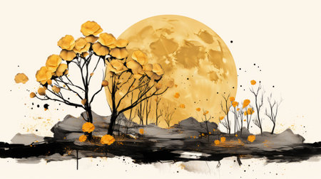 watercolor painting of trees and a full moon on a white backgroundの素材