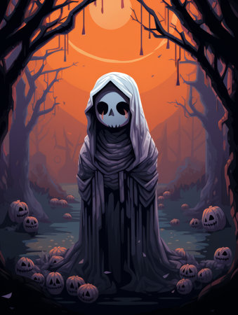 a halloween illustration of a skeleton in the woods surrounded by pumpkinsの素材