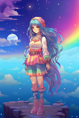 a girl with long hair standing on top of a cliff with a rainbow in the skyの素材