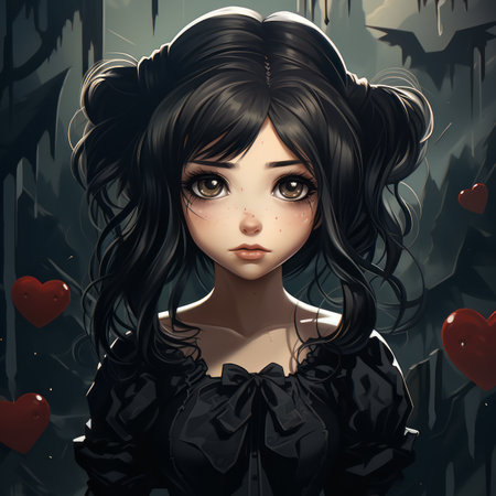 an anime girl with black hair and red heartsの素材