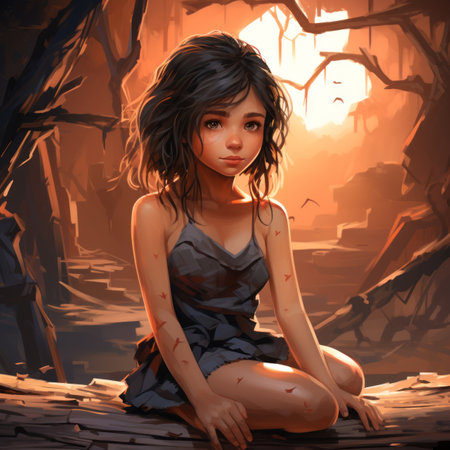 an illustration of a girl sitting on a log in the woodsの素材