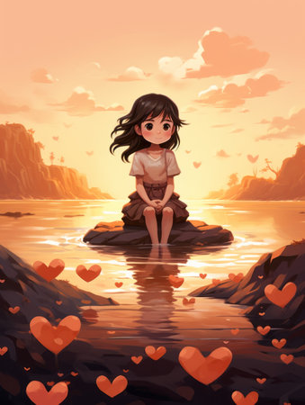 an illustration of a girl sitting on a rock surrounded by heartsの素材