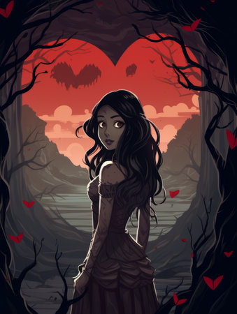an illustration of a woman in a red dress standing in front of a heart shaped treeの素材